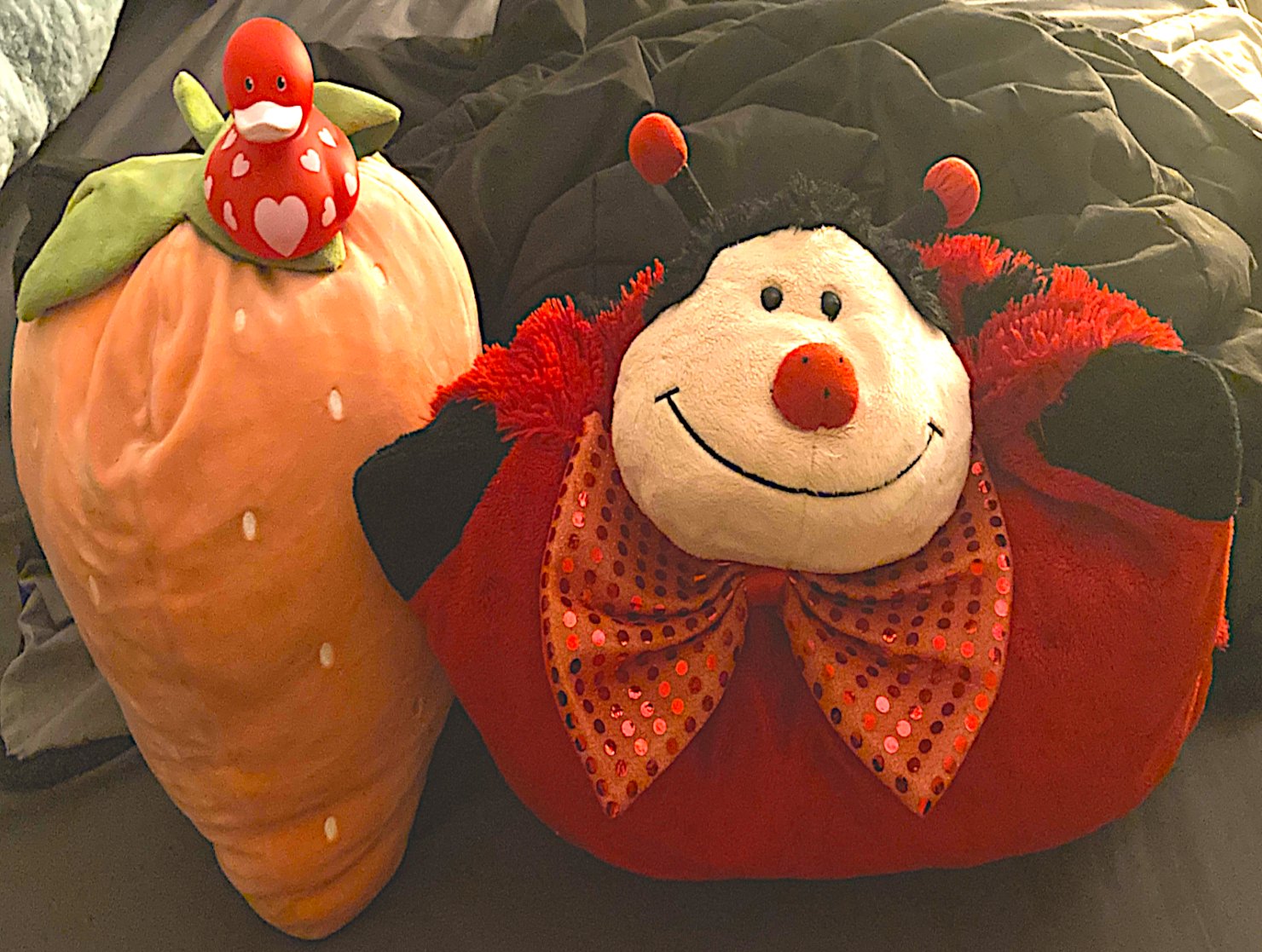 All red. Ladybug pillowpet with bow. Strawberry plushy and rubber ducky lovehearts pattern.