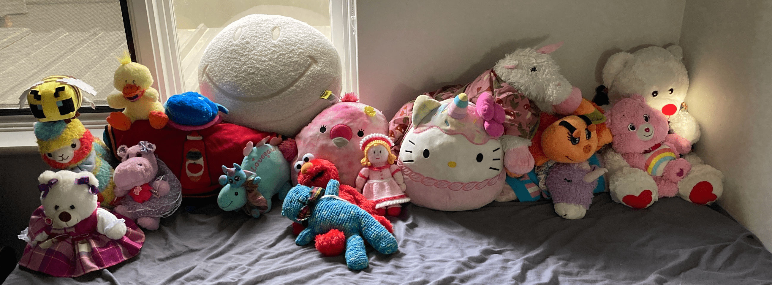 All of SlinkyFam's plushies laid out on bed in daylight