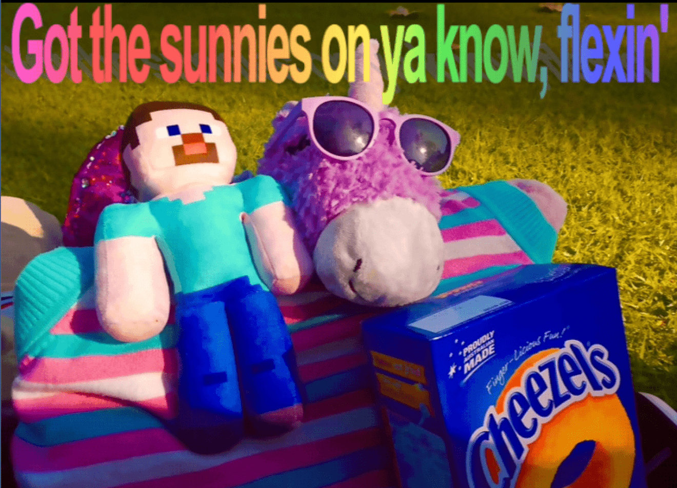 Plushy hold box of Cheezels and Minecraft Steve plushy. Trans flag outfit.