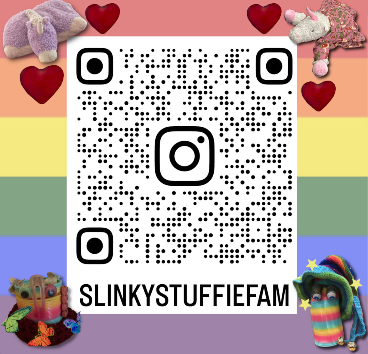 QR code to slinkiestuffiefam instagram, surrounded by rainbow background and sprites