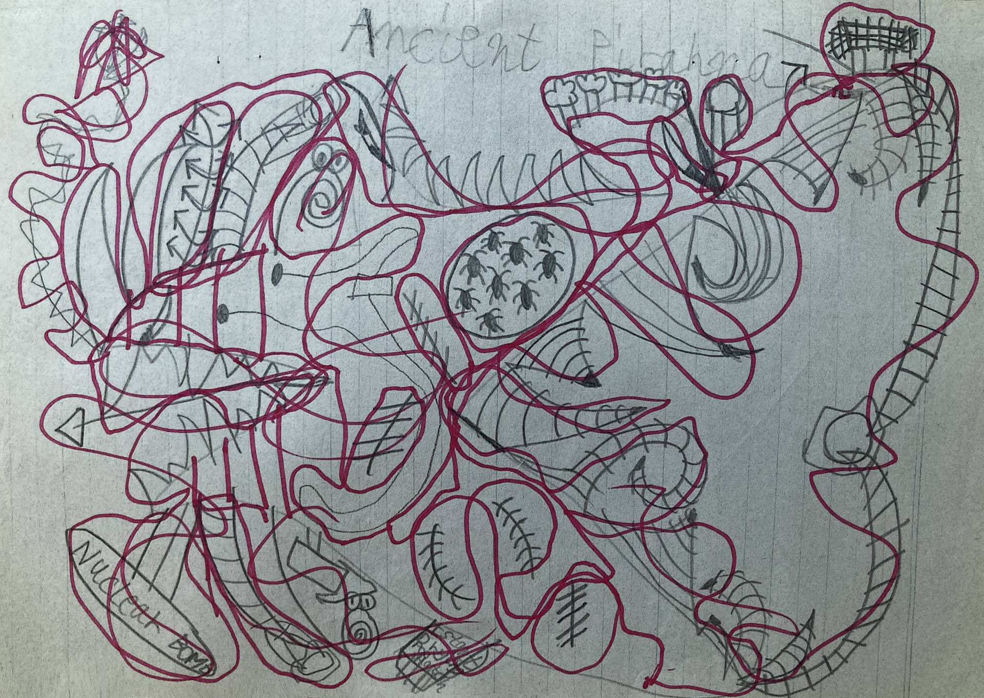 Cartoon Noisy pirana old looking. Wrapped in red lines. Covered in scars, bugs and shrubs.