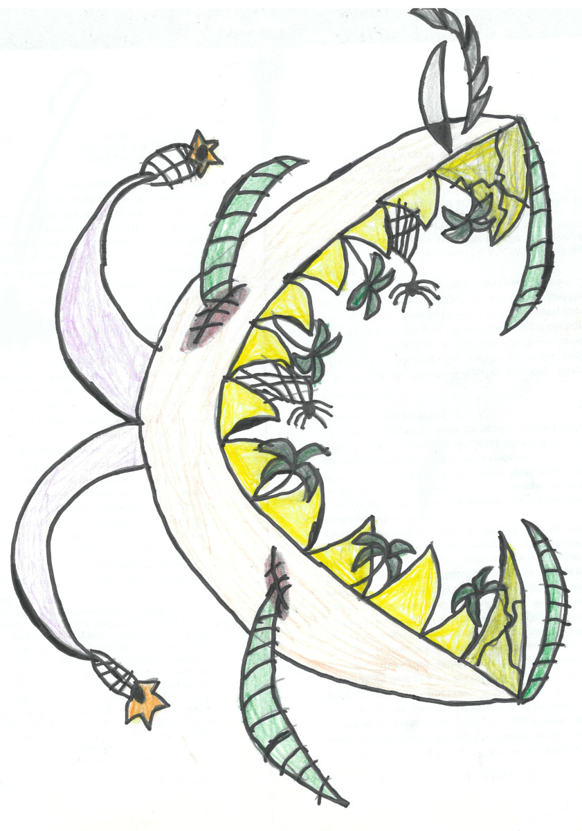 Cartoon pirana with overgrowth all over body, plant shrubs in teeth