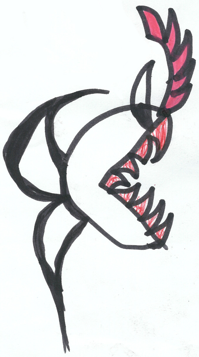 Cartoon pirana wth sharp red teeth but rounded head
