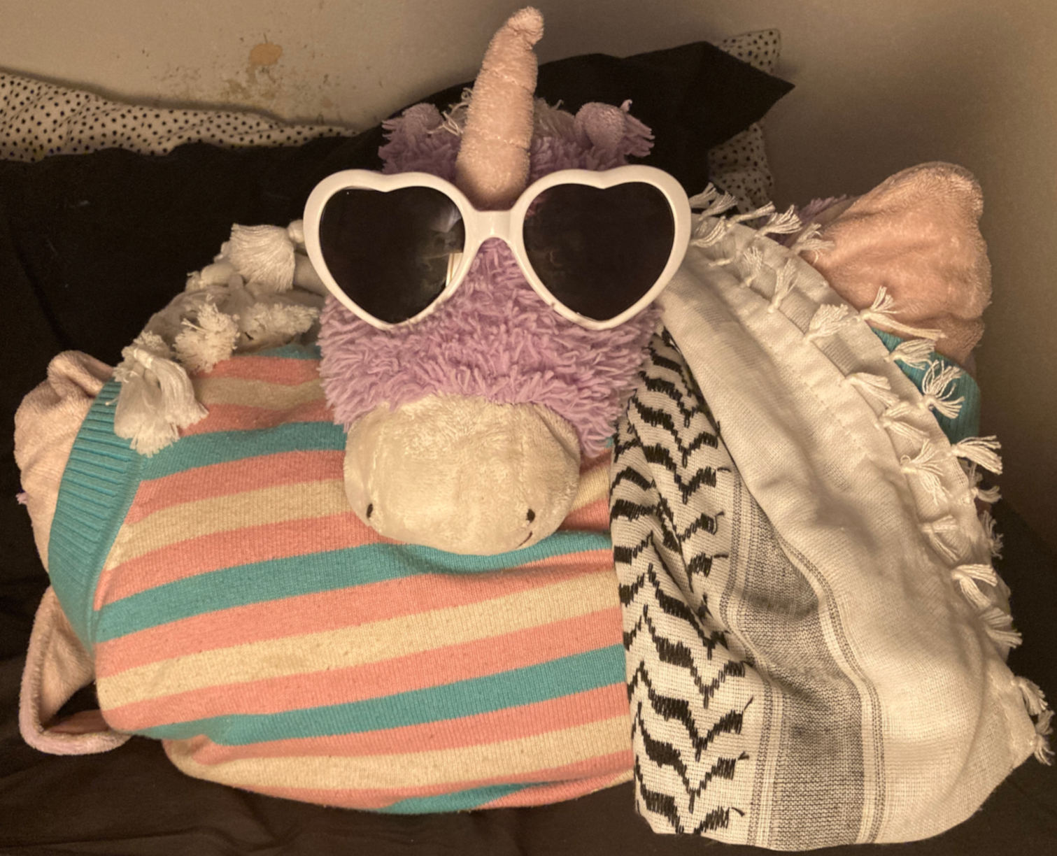 Purple unicorn plushy. Trans flag vest, keffiyeh, love heart sunnies.