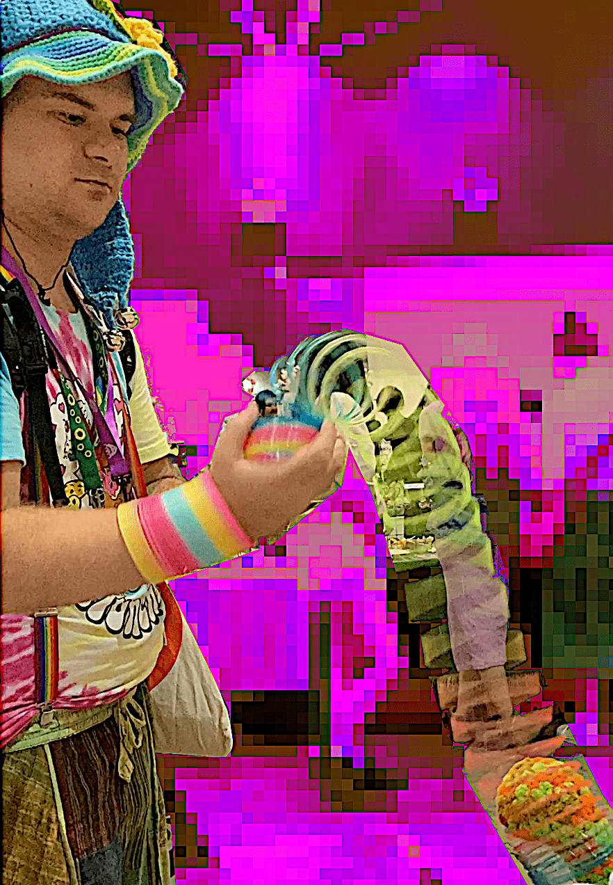 Slinkyfam rainbow clothing booping croche dinosaur head purple background