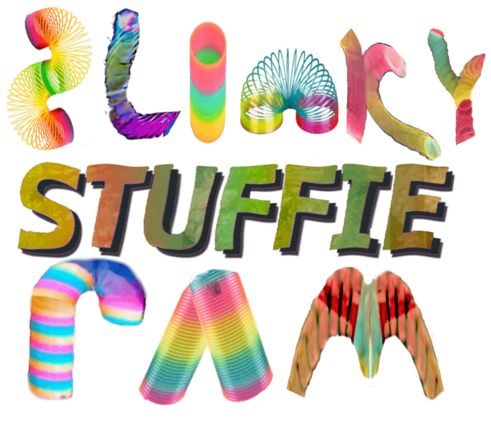 Slinkystuffiefam logo. Colourful slinky and stuffed animal inspired branding.