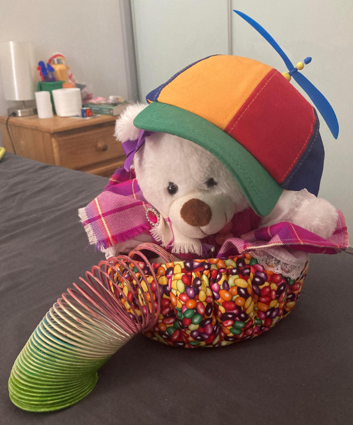 Teddy wearing flannel dress, proppeler hat. Holding watermelon pattern Slinky.