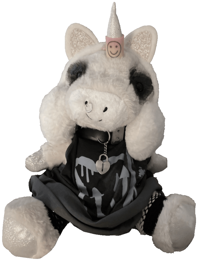 E-girl inspired. White unicorn stuffed animal. Wearing cat ears
