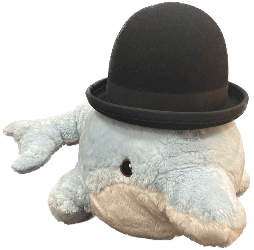 Blue dolphin stuffed animal with black bowler hat