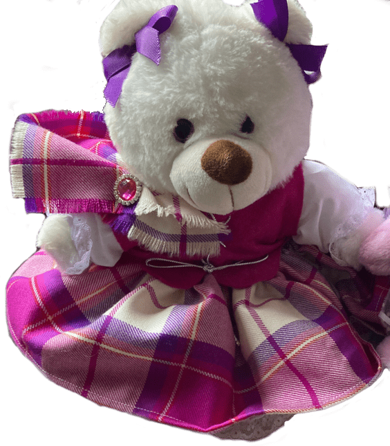 Smiling teddy bear wearing purple and pink kilt clothing