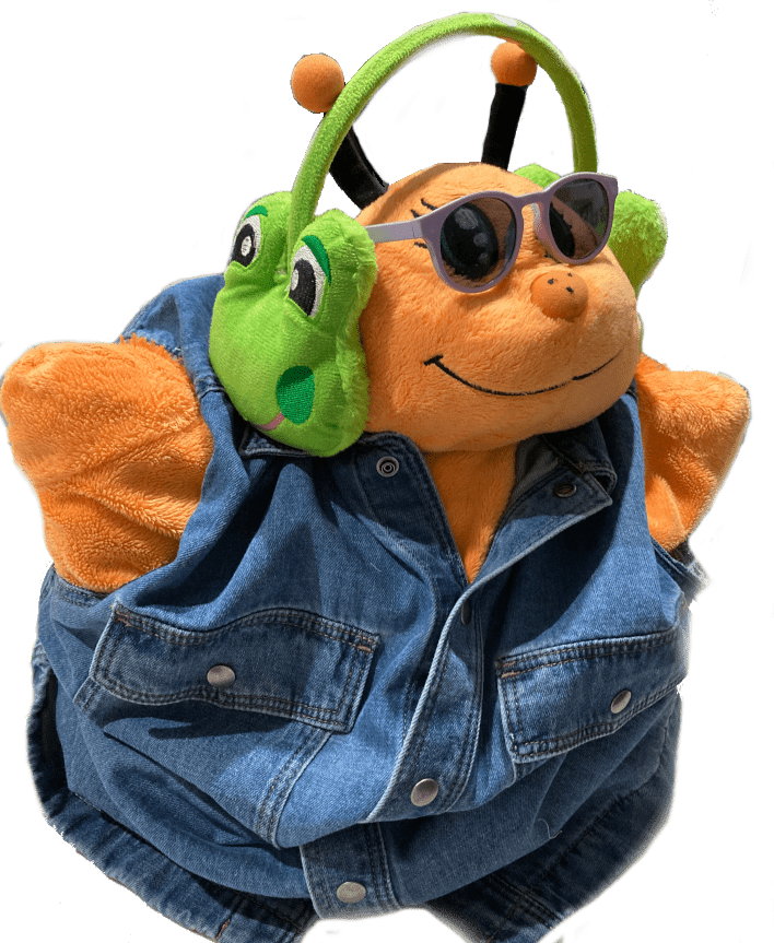 Butterfly Plushy wearing sunglasses denim jacket and green froggy headphones