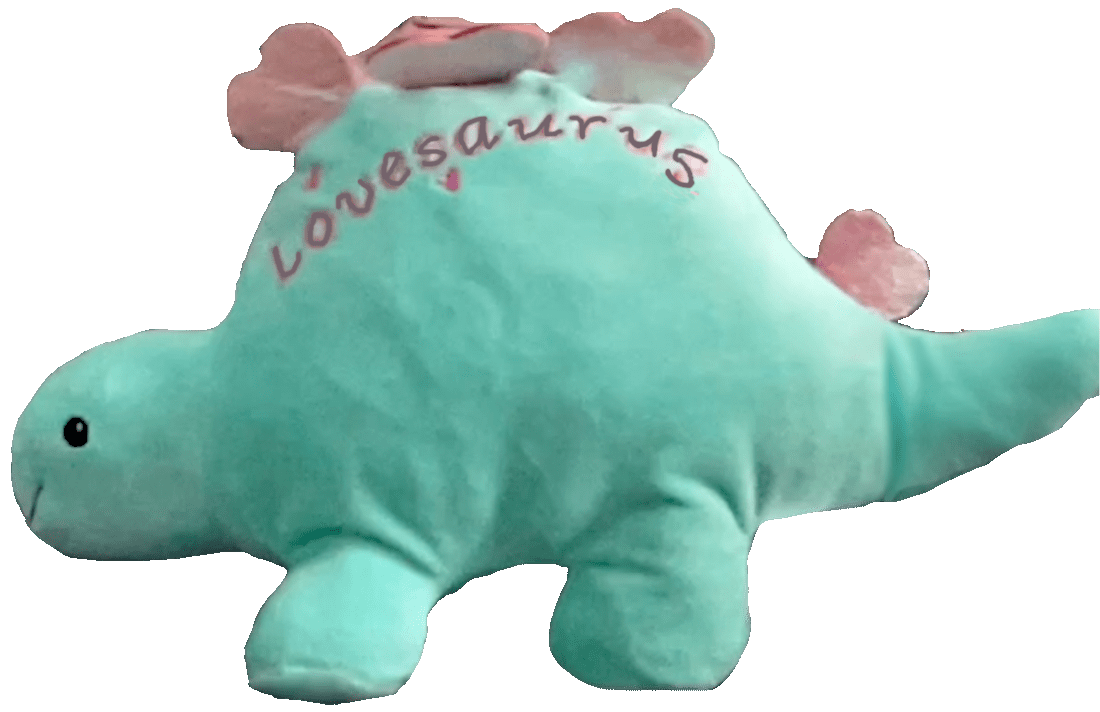 Cuddly stegosaurus plushy with loveheart plates and scrunchy around neck