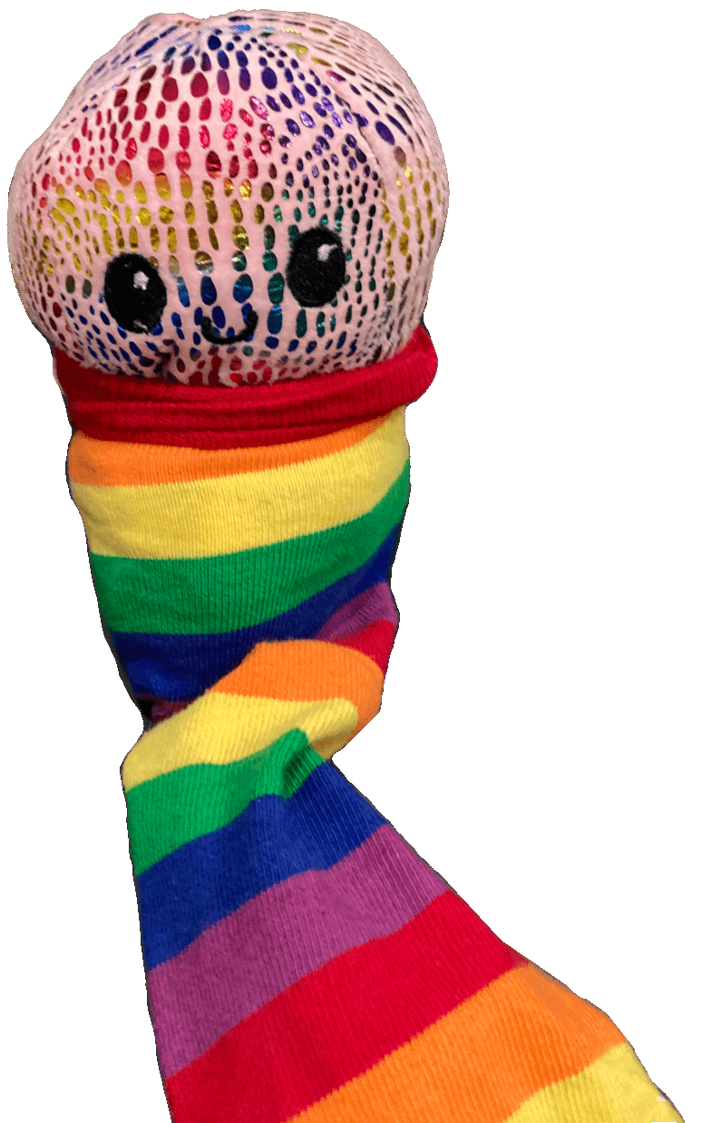 Smiling Moody Octopus toy resting in rainbow socks