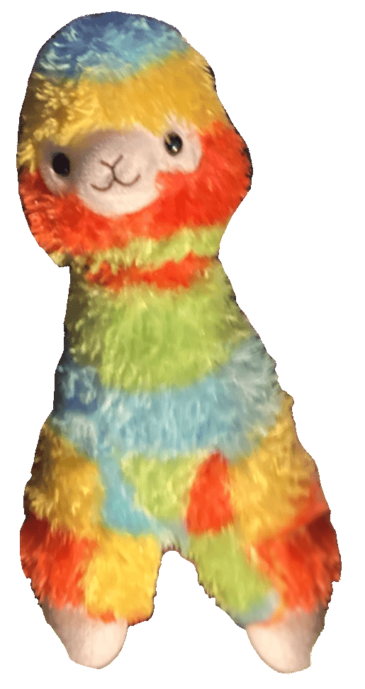 Smiling fluffy rainbow plush alpaca