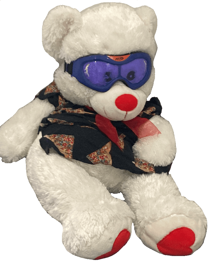 White fluffy Teddy Bear wearing fairy bread patterned shirt and goggles red love heart feet