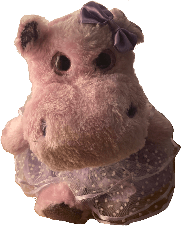 Purple Hippo stuffed animal wearing purple lacy dress and bow in ear